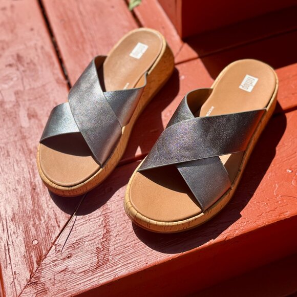 Fitflop Shoes - FitFlop F-Mode Metallic Leather/Cork Flatform Slides - Size 8.5 - Pewter Gray